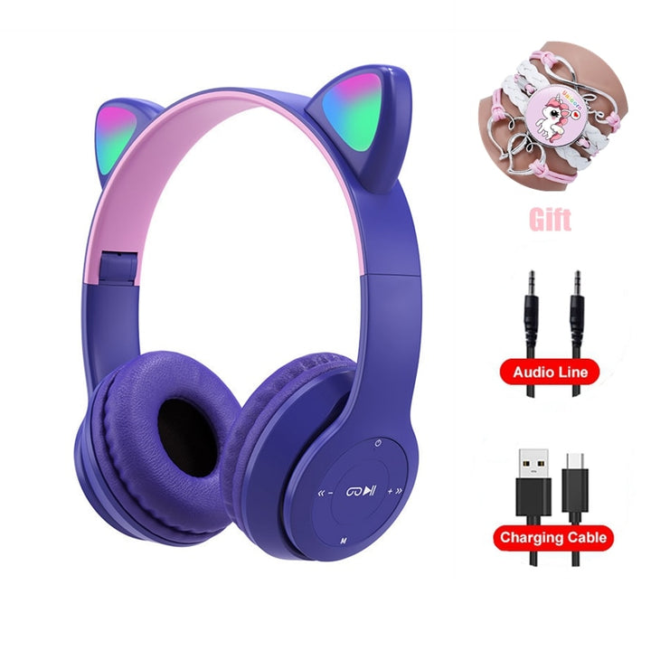 Headphones Pink Girl Wireless, RGB, Cat Ears, Com Microphone, Som Estéreo.