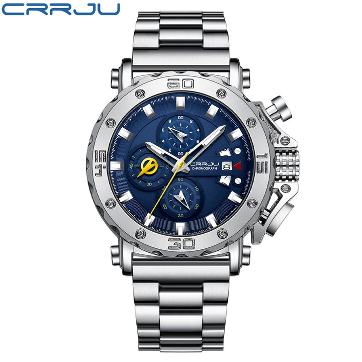 Relógio CRRJU masculino de luxo com mostrador grande, aço inoxidável, cronógrafo, à prova d'água, com data.
