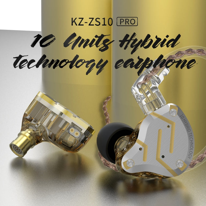 Fone Dinamico GOLD KZ ZS10  4BA+1DD hibrido, Feito de Metal, Cancelamento de Ruído.