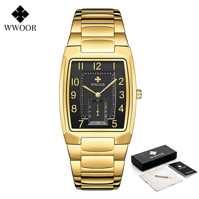 Novo Relógio Quadrado Masculino 2023 WWOOR, com Relógio Semanal Automático, Luxo, Aço Inoxidável, Ouro Quartzo, Resistência à Água.