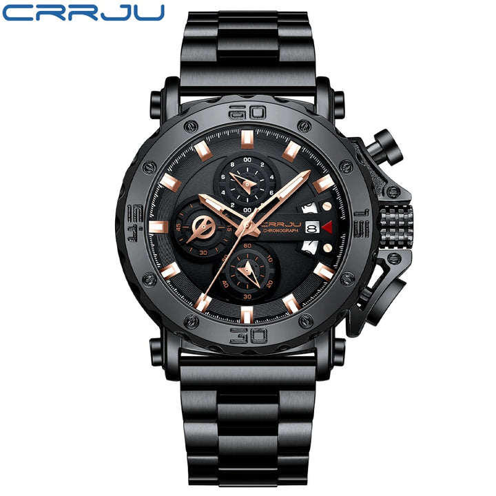 Relógio CRRJU masculino de luxo com mostrador grande, aço inoxidável, cronógrafo, à prova d'água, com data.