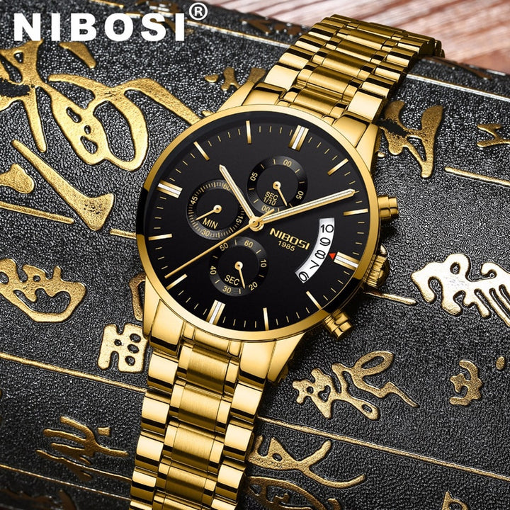Relógio masculino NIBOSI de luxo, famoso, casual, de quartzo, Caixa em Aço, Resistência à Água.