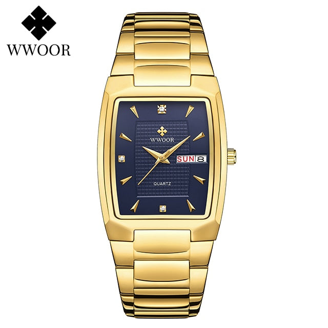 Novo Relógio Quadrado Masculino 2023 WWOOR, com Relógio Semanal Automático, Luxo, Aço Inoxidável, Ouro Quartzo, Resistência à Água.