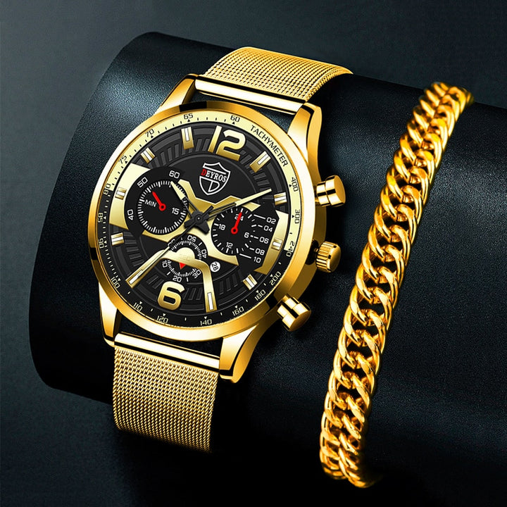 Relógio Esporte Fino + Pulseira masculina, acessório de luxo em aço inoxidável.